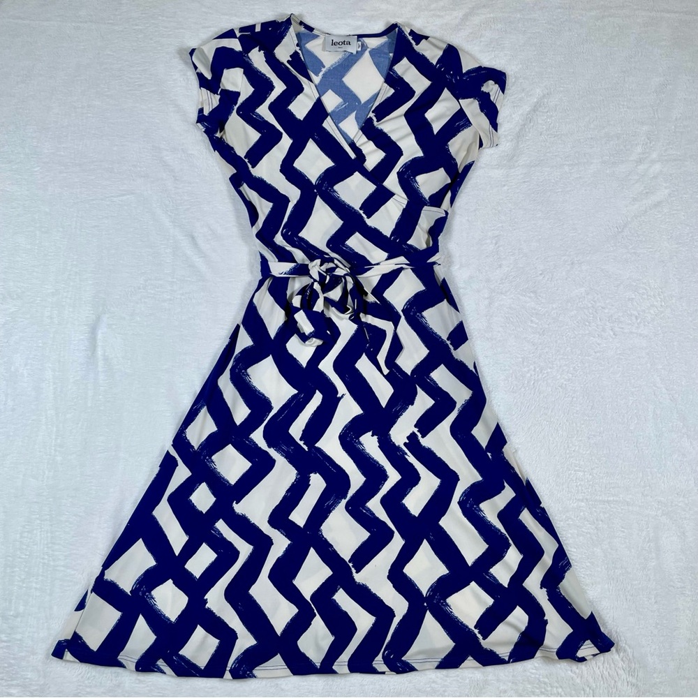 Leota Womens S Faux Wrap Dress Retro Print Short Sleeve MADE IN USA Blue & White